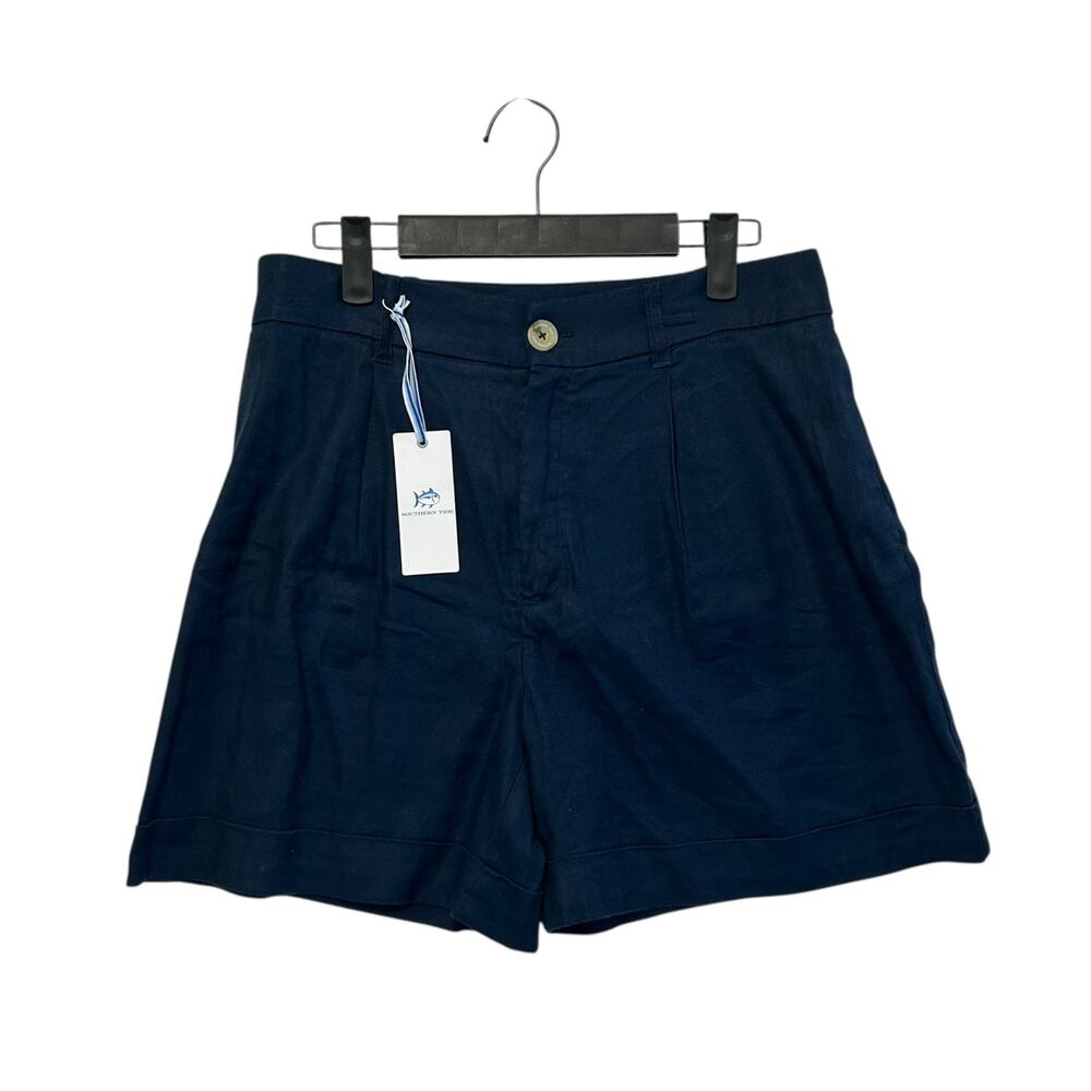 Southern Tide Jacey Twill Shorts NWT Women's 10 Dress Blue Linen Blend Pleats - Picture 2 of 7